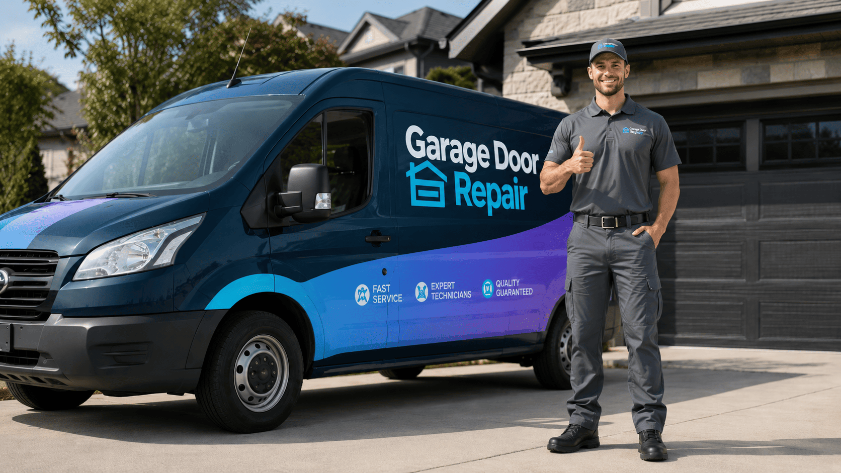 Premium garage door repair service van and technician
